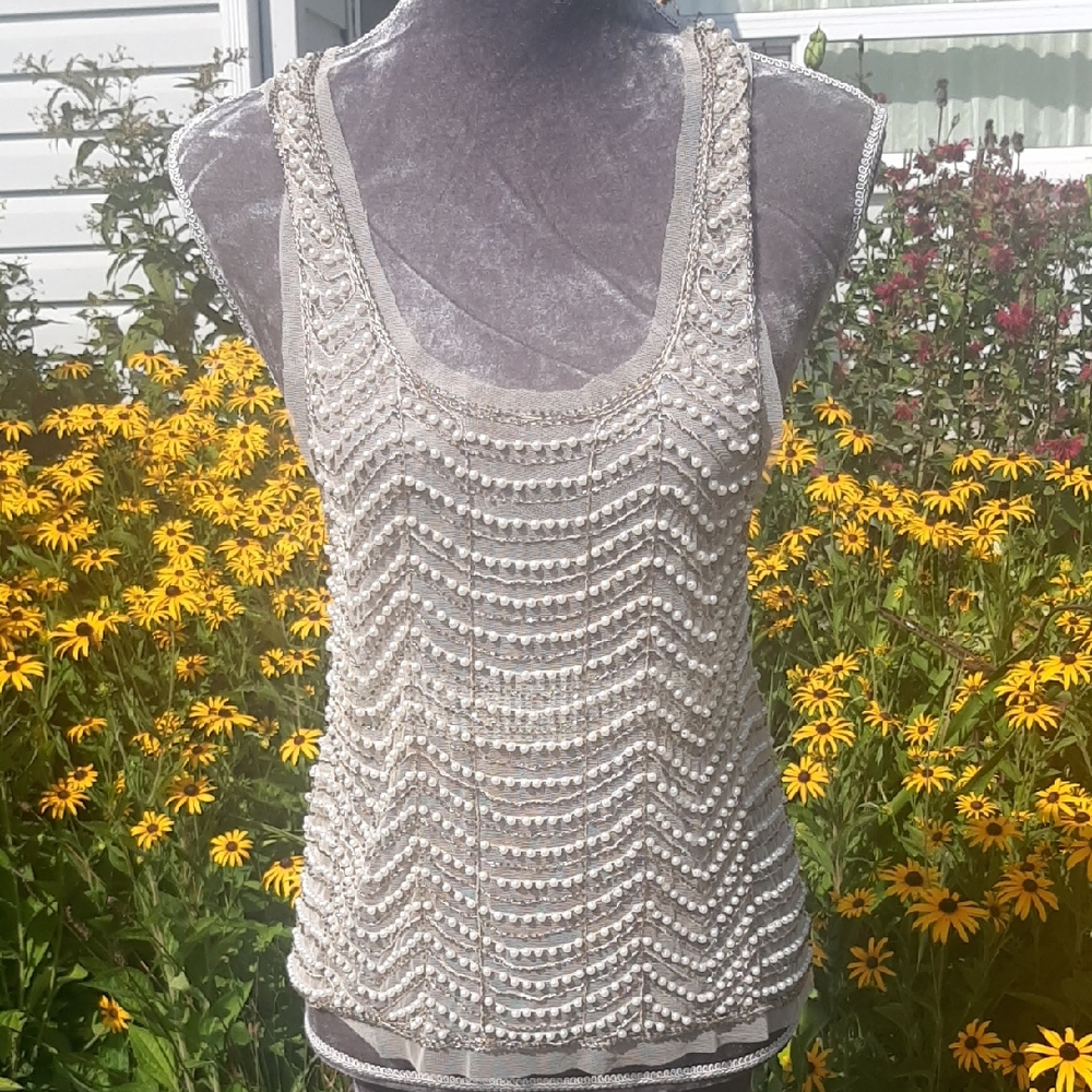 English RoseStunning SHEER Beaded Cream Tank Top Siz🌹e S/M Stretchy Material